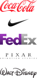 Examples of popular logo design: Coca-Cola, Nike, FedEx, PIXAR Animation Studios and Walt Disney.