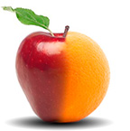 Illustration of an apple and orange composited together.